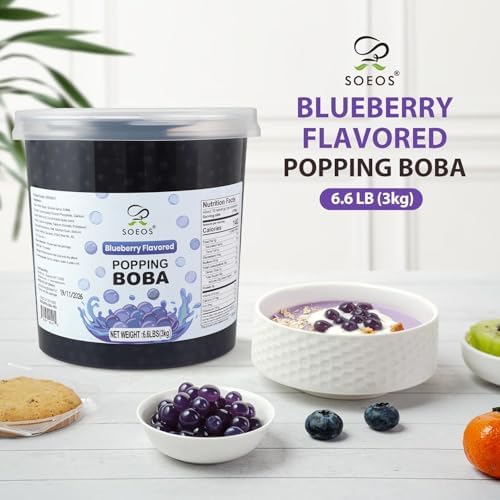 Soeos Blueberry Popping Boba, 6.6 lbs (3Kg), Bursting Boba Pearls for Bubble Tea, Beverages, Shakes, Desserts, Smoothie and Ice Cream Topping, Ready to Serve