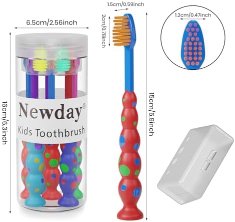 Newday Kids toothbrushes 6 Pack Set Soft Bristles Fun Lovely with Suction Cup, Includes Travel Covers, Animal toothbrushes for Kids Boys & Girls, Toddlers &Children Teeth (Multicolor)