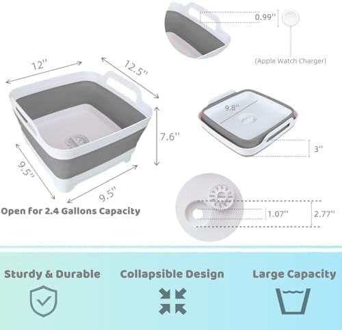GIMWA Collapsible Wash Basin with Drain Plug - 2.4 Gallon Foldable Kitchen Sink for Baby Bottles, RV Camping, Space-Saving Dish Tub (Gray)