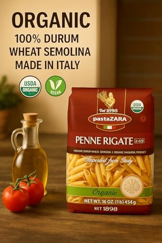 PASTA ZARA - Penne Rigate - Organic - 100% Italian Pasta, Made with Durum Wheat Semolina Flour, Non GMO, Kosher (1 LB. BAG) - Consistently al Dente.