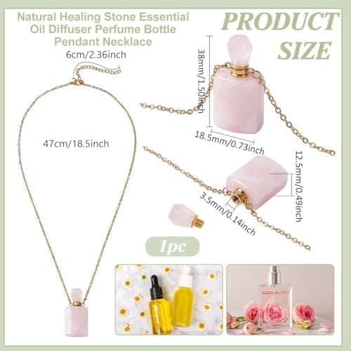 PH PandaHall Stone Perfume Bottle Necklace, Natural Rose Quartz Essential Oil Pendant Necklace Rectangle Crystal Vial Necklaces with Golden Chain for Women Jewelry, Pink, 1 Piece