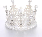 Women Girls Retro Man-made Pearl Crown Bride Tiara Cake Topper Decoration For Baby Shower Wedding Party (Silver)