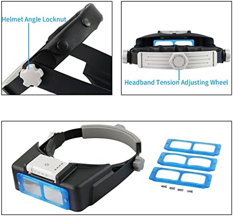 Beileshi Rechargeable Head-Mounted Magnifier with LED Light, Headband Double Lens Illuminated Reading Magnifier Loupe Jewelry Visor Opitcal Glass Binocular Magnifier with Lens -1.5X 2X 2.5X 3.5X