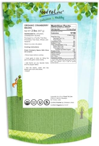 Organic Cranberry Beans, 2 Pounds – Non-GMO, Dried Borlotti Beans (Romano Beans), Sproutable, Vegan, Kosher, Bulk. High in Folate, Fiber, Protein. Product of the USA. Perfect for Stews, Soup, Salads