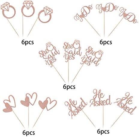 30 Pack He Asked She Said Yes Cupcake Toppers Glitter Heart Ring I do Cupcake Picks Bridal Shower Cake Decorations for Wedding Engagement Theme Party Supplies Rose Gold