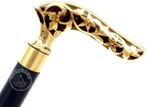 Humaira Nautical Victorian Brass Walking Stick Cane Brass Handle with Black Wooden Cane (3 Fold Wooden Walking Cane),36 Inch