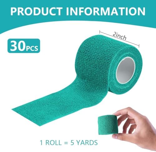 KISEER 30 Pack 2 Inch x 5 Yards Green Self Adhesive Bandage Breathable Cohesive Bandage Wrap Rolls Elastic Self-Adherent Tape for Stretch Athletic, Sports, Wrist, Ankle