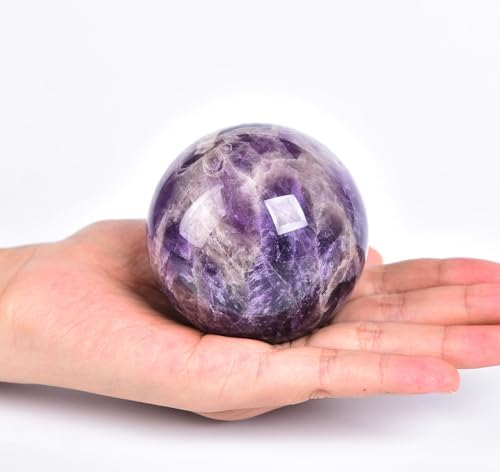 JIC Gem Chevron Amethyst Crystal Ball Healing Crystals Sphere with Wooden Stand Meditation Home Decor 2.3-2.7 inch (60-70mm)