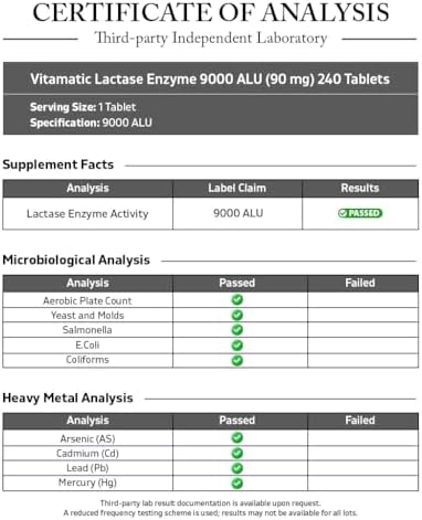 Vitamatic Lactase Enzyme 9000 FCC 240 Tablets - Lactose Intolerance Relief Caplets