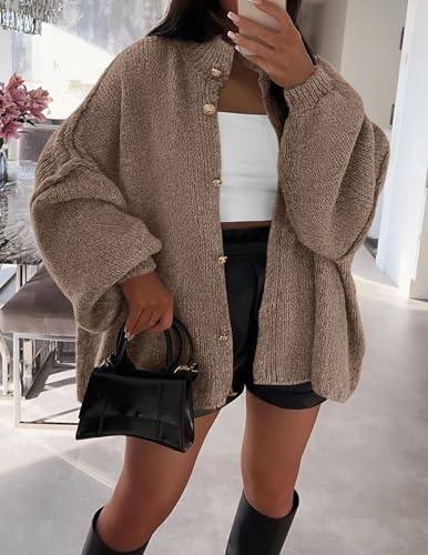 PRETTYGARDEN Women's Winter Button Down Cardigan Sweaters Mock Neck Lantern Long Sleeve Chunky Knit Jacket Trendy Outerwear