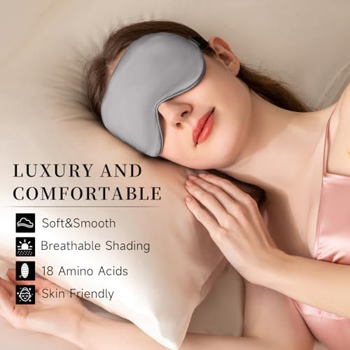 THXSILK Sleep Mask 100% 19 Momme Pure Mulberry Silk Super Smooth Cooling Sleep Eye Mask Blackout for Women/Man/Kids Eye Cover with Wide Head Strap Good Night Sleep Comfortable Travel and Nap, Grey