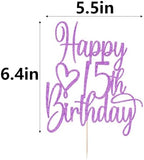 Purple Glitter Happy 15th Birthday Cake Topper - Cheers to 15 Years Cake Topper, 15 & Fabulous Cake Decoration for Hello 15th Birthday Anniversary Party Cake Decorations Supplies