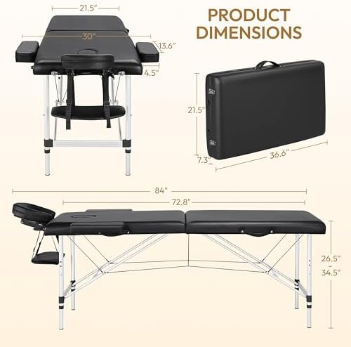 Yaheetech Massage Tables Portable Massage Bed Aluminium Height Adjustable Facial Salon Tattoo Bed with Non-Woven Bag, 22 inch Width Black
