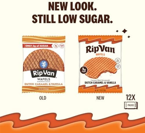 Rip Van Wafels Dutch Caramel & Vanilla Stroopwafels, Healthy Snacks, Non-GMO, Low Calorie, Low Sugar (3g), Office Snacks, Keto Friendly, 12 Count