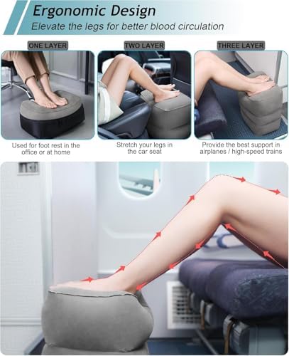 JefDiee Inflatable Foot Rest Pillow, Kids Airplane Bed, Adjustable 3 Layers Height Leg Rest Pillow, Airplane Travel Essentials Great for Office, Home, Trains, Cars