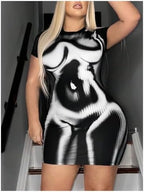 OYOANGLE Women's Plus Size 3D Body Heat Map Print Sexy Concert Outfit Y2K Short Sleeve Bodycon Dress