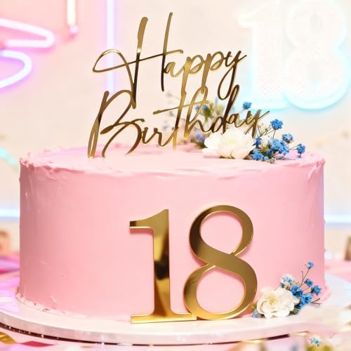 2PCS Happy Birthday 18 Cake Topper, Acrylic Gold Happy 18th Birthday Cake Decoration Cheers to 18 Years Cake Pick Eighteen Hello 18 Fabulous Cake Sign for Party Supplies