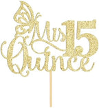 Mis Quince Cake Topper, 15th Birthday Decorations, Gold Glitter, 1 Piece