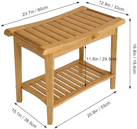 ZJchao Shower Bench, 60x33x46cm Wood Ergonomic Shower Stool with Storage Shelf and Handles Shower Stool Bath Bench for Bathroom Spa Outdoor Use Elegant Shower Seating Solution (Wood Color)