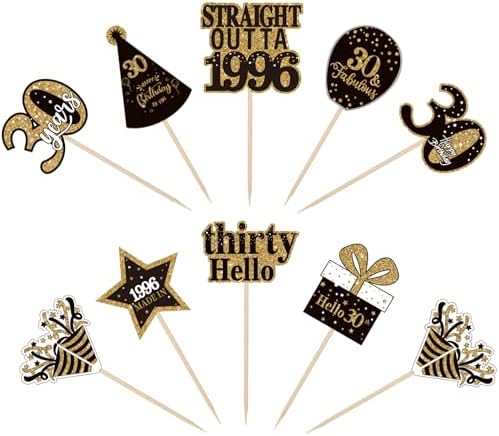 36PCS Happy 30th Birthday Cupcake Toppers Double Sided Black Gold Thirty Hello 30 Straight Outta 1996 Cupcake Picks 30 Fabulous Cheers to 30 Years Cake Decorations for 30th Birthday Party Supplies
