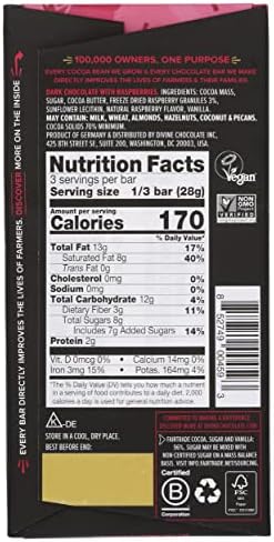 Divine Chocolate Bars - 70% Dark Chocolate with Raspberries - Made with Fairtrade Cocoa, Natural Ingredients, No Artificial Flavors | 3oz. Bars (12 Pack)