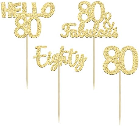 Gyufise 24Pcs 80th Birthday Cupcake Toppers Gold Glitter Hello 80 Cake Topper Eighty 80 & Fabulous Cupcake Picks 80th Birthday Cake Decorations Supplies