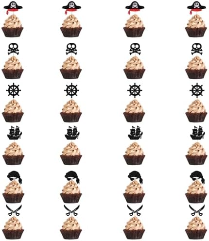 Sleyberoy 24 Pack Pirate Cupcake Toppers - Glitter Compass, Skull, Pirate Ship, Ship Anchor Picks for Party Cake Decorations
