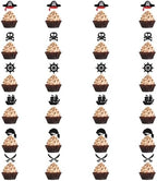 Sleyberoy 24 Pack Pirate Cupcake Toppers - Glitter Compass, Skull, Pirate Ship, Ship Anchor Picks for Party Cake Decorations