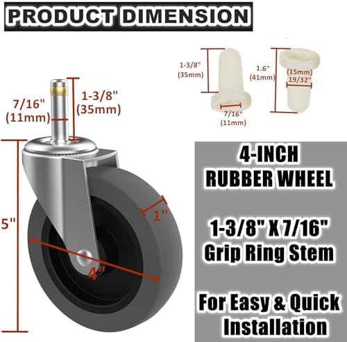 4-Inch Swivel Stem Caster for Rubbermaid Mop Bucket Utility Cart, 7/16-Inch Stem Diameter Rubber Wheel Set of 4, Heavy Duty TPR Weber Grills Shop Vac Replacement Wheels