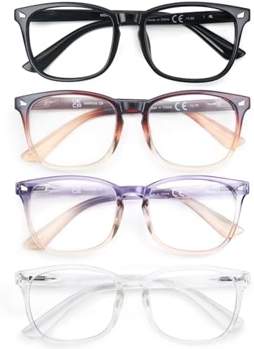 Blue Light Blocking Reading Glasses for Women Stylish Lightweight Square Readers +0.75 Blue Rays Cheaters Glasses 4 Pack w/Spring Hinges Comfortable Fit