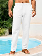Runcati Mens Casual Pants Linen Elastic Waist Lightweight Straight Leg Pants Cotton Loose Fit Summer Beach Yoga Trousers