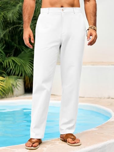 Runcati Mens Casual Pants Linen Elastic Waist Lightweight Straight Leg Pants Cotton Loose Fit Summer Beach Yoga Trousers