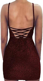 Women's Sexy Glitter Spagetti Straps Lace Up Back Bandage Bodycon Mini Club Party Dress
