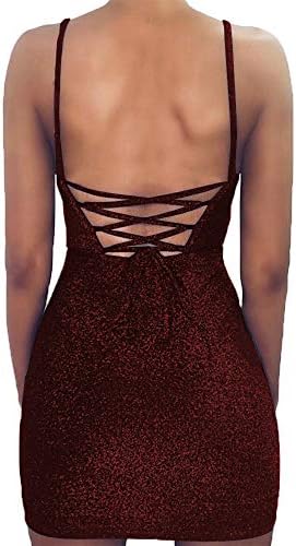 Women's Sexy Glitter Spagetti Straps Lace Up Back Bandage Bodycon Mini Club Party Dress