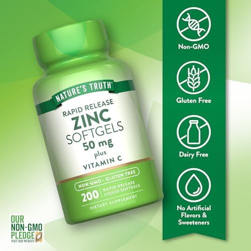 Nature's Truth Zinc 50mg Supplement | with Vitamin C | 200 Liquid Softgels | Non-GMO & Gluten Free