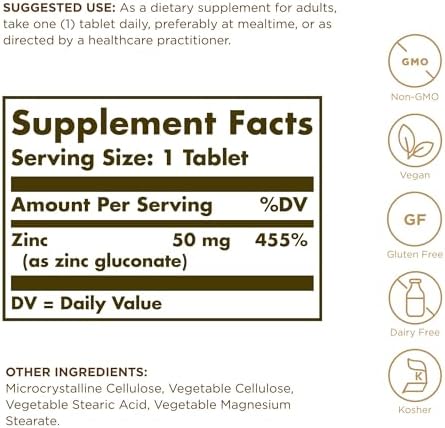 Solgar Zinc 50 mg, 100 Tablets - Zinc for Healthy Skin, Taste & Vision - Immune System & Antioxidant Support - Supports Cell Growth & DNA Formation - Non GMO, Vegan, Gluten Free - 100 Servings