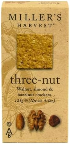 Miller's Harvest Artisan Biscuits Three-Nut Crackers | Stoneground Wholemeal Flour with Walnut Almond & Hazelnut | Imported from England | 4.4 oz