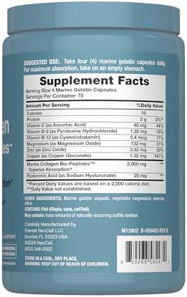 NeoCell Marine Collagen Peptides Capsules | 300 Pills | with Hyaluronic Acid | Plus Vitamin C | Superior Absorption Bio-Peptides for Women and Men | Premium Formula Supplement