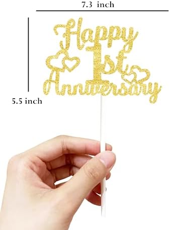 Happy 1st Anniversary Cake Toppers - 1st Wedding Anniversary Decorations, 1st anniversary cake topper, 1st Anniversary Party Decorations Golden Double Sided Glitter One, 1 Years