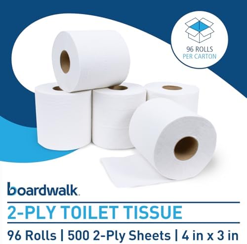 Boardwalk 2-Ply Bathroom Toilet Paper Tissue, Septic Safe, 500 Sheets/Roll, Bulk Quantity 96 Rolls/Carton, 4" x 3", White
