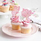 12Pcs Mother's Day Cupcake Toppers,Pink Glitter Cake Toppers Butterfly Cupcake Picks for Coquette Theme Party Decoration Engagement Wedding Baby Shower Party Cupcake Decor
