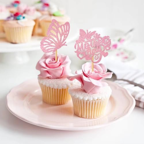 12Pcs Mother's Day Cupcake Toppers,Pink Glitter Cake Toppers Butterfly Cupcake Picks for Coquette Theme Party Decoration Engagement Wedding Baby Shower Party Cupcake Decor