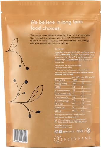 Keto Hana Cinnamon Keto Granola Breakfast Cereal with just 1.2g Net Carbs (300g) Low Carb, High Protein Snack