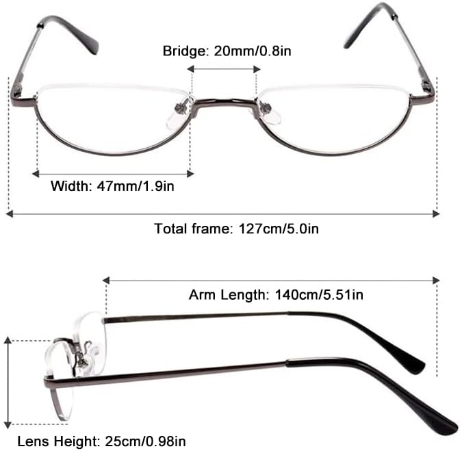 REAVEE 2 Pack Retro Designer Half Moon Reading Glasses for Women Men Spring Hinge Half Frame Readers Stylish Slim Eyeglasses with Pouch, Red and Gun Grey 2.0