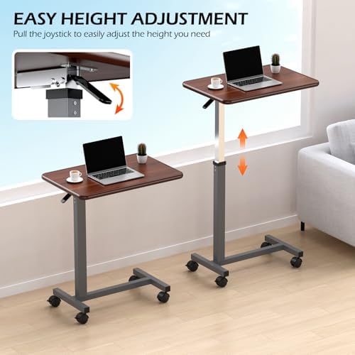 WOTURE Adjustable Overbed Table with Wheels, Pneumatic Height Adjustment, Ideal for Hospital Use or At Home as Bed Tray, Standing Desk, Bedridden & Mobility Needs, Walnut