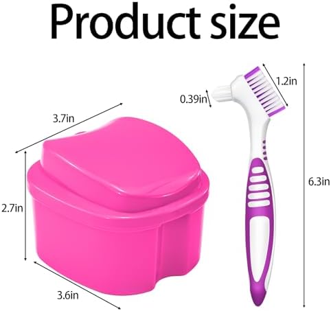 2 Pack Colors Denture Bath Case Cup Retainer Cleaner Holder Case False Teeth Soaking Container Dental Bath Storage Box Case with Strainer Basket and Brush - Rose Red & Black