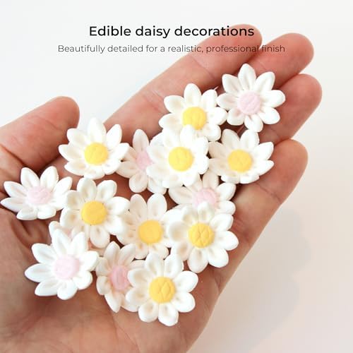 72 Count Edible Daisy Cake Decorations, Mini Edible Flowers, White & Yellow Sugar Flowers, Daisy Cupcake Toppers for Cakes & Cupcakes, Edible Cake Decorations, Global Sugar Art (3/4 Inch)