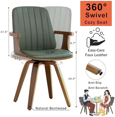 WUPOTO Set of 1 MCM Dining Chair, Mid Century Modern Chair with Walnut Craftsmanship, Upholstered Faux Leather, Wooden Arms and Legs, Faux Leather Dining Chair for Kitchen/Living Room - Green