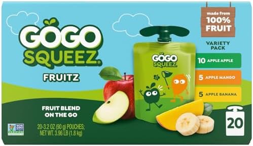 GoGo squeeZ Applesauce and Fruit Puree Variety Pack, Apple, Mango & Banana, 3.2 oz (Pack of 20), Unsweetened Fruit Snacks for Kids, Gluten Free, Nut Free, BPA Free Pouches (Packaging May Vary)