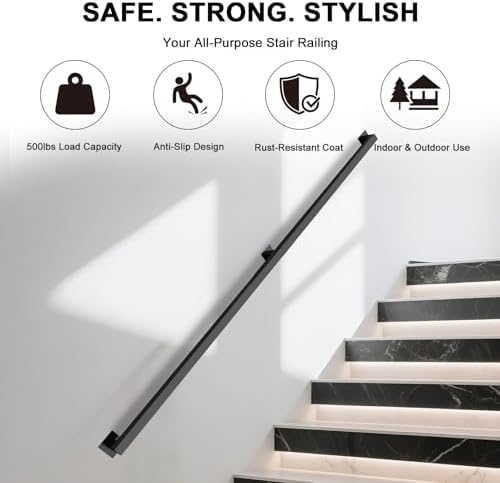 6FT Stair Railing Indoor, Black Metal Wall Mounted Handrail for Stairs, 500lbs Load Capacity Industrial Pipe Hand Rails for Indoor Stairs/Outdoor Use/Home/Loft/Porch/Deck, Rust-Resistant (Iron 6FT)